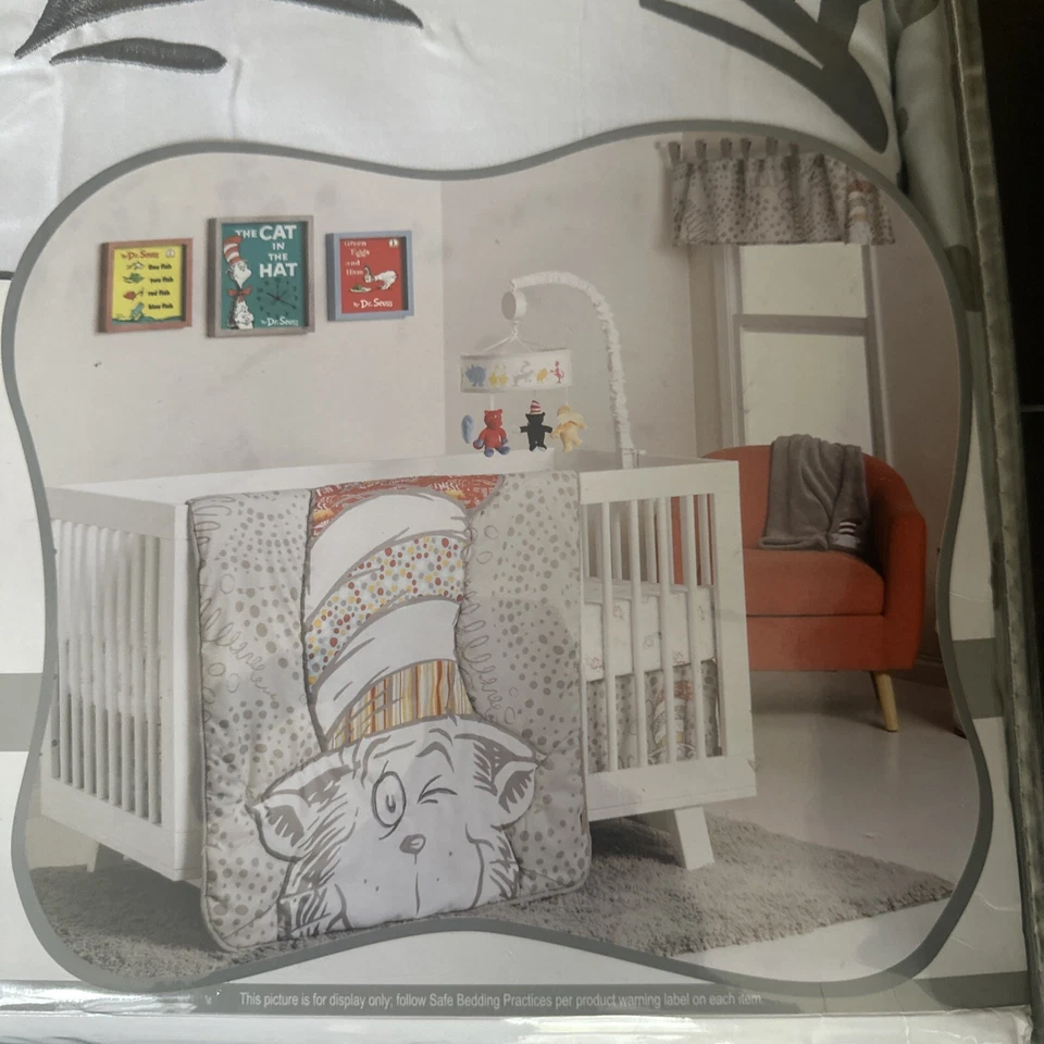 Dr. Seuss Nursery Cat In The Hat 4 Piece Crib Set Quilt Skirt Sheet Blanket - Image 2 of 4