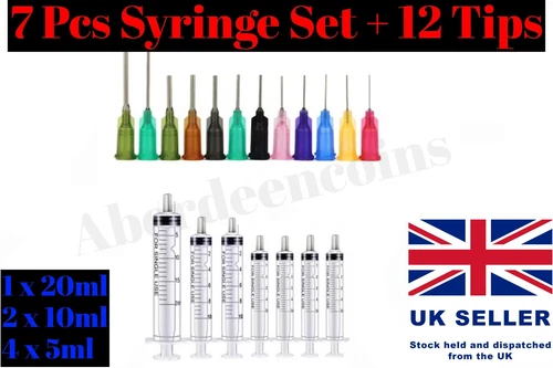 7 x Syringe Set + BLUNT TIPS 20ml 10ml 5m Glue Oil Ink Hobby Art Crafts Model