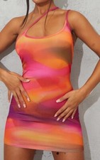 NEW Orange Abstract Print Slinky Asymmetric Strap Detail Bodycon Dress SIZE 12