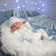 Baby Boy coming Home Outfit sleepsuit Hat Mitts Personalised Prince NEWBORN