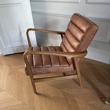 Leather Upholstered Brown Armchair Light Wood Frame With Armrests 65x65x80cm