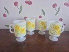Set Of 4 Anchor Hocking Vintage Milk Glass Footed Mug with Yellow Flowers 1960s