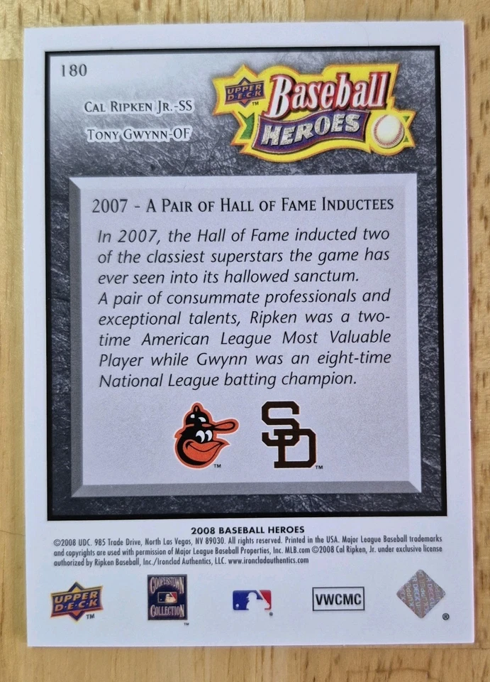Cal Ripken & Tony Gwynn | 2008 Upper Deck Baseball Heroes #180 Black - Image 2 of 2