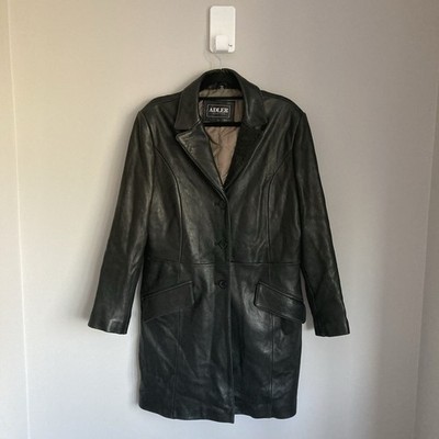Vintage Leather Trench Coat Womens Large Black Long Overcoat Soft Adler Jacket