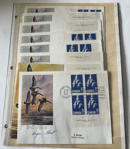 Lot x8 CANADA 1963 FDC 15c Goose Plate Block Cachet by Angus Shortt SIGNED +Card