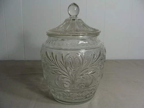Vintage Anchor Hocking Clear Glass Cookie Jar In The Sandwich Pattern