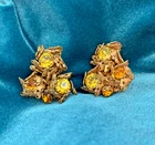 Vintage Signed Miriam Haskell Gold Tone Filigree Clip Earrings w/ Yellow Stones