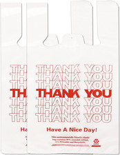 100 Pack White Thank You T Shirt Bags 11x6x21 Inch Reusable Disposable Grocery