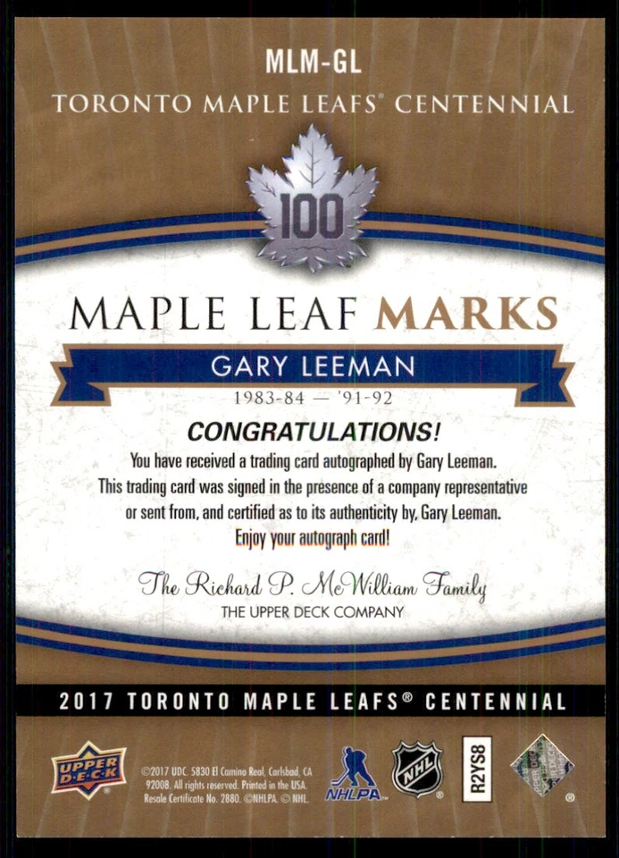 2017-18 UPPER DECK CENTENNIAL TORONTO MAPLE LEAFS MARKS AUTO GARY LEEMAN #MLM-GL - Image 2 of 2