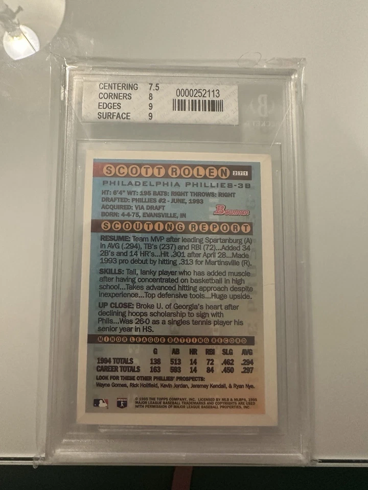 Bowman Scott Rolen #271 Prime Prospect Silver Holofoil Beckett 8 1995 Foto 2 de 2