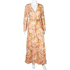 ZIMMERMANN Multicolor Pink Linen Belted Floral Print Long Sleeve Maxi Dress M