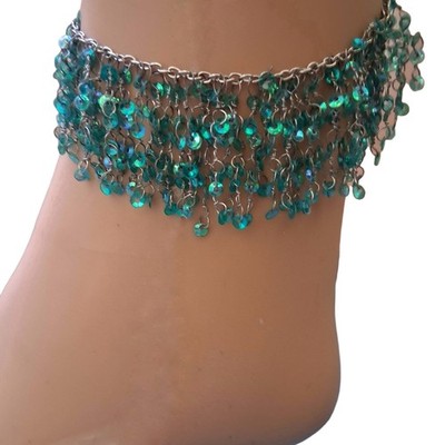 Boho Silver Tone Anklet with Aqua Blue Dangle Beads Festival Y2K Up To 10.5''