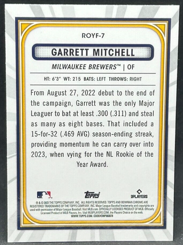 2023 Bowman Chrome ROYF-7 Garrett Mitchell Rookie of the Year Favorites Mojo - Picture 2 of 2