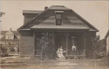 Victorian Cottage Various Gable Shingles Mom w Children Real Photo RPPC Postcard