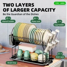 INTETEIN 2 Tier Kitchen Sink Dish Drainer Rack With Drip Tray Cutlery Holder