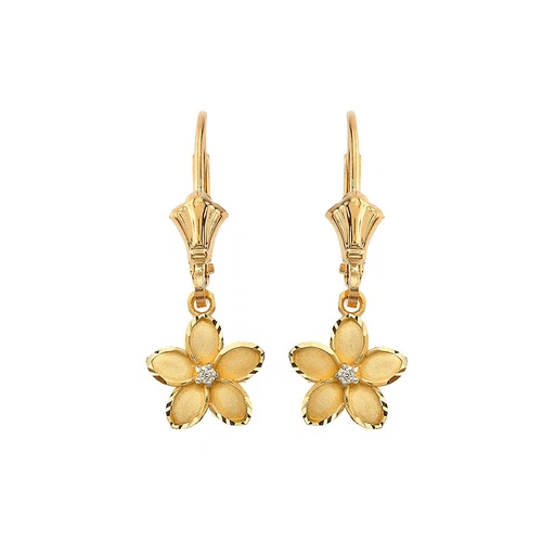 Small Plumeria Flower Diamond Leverback Earrings (0.95") - Picture 1 of 3