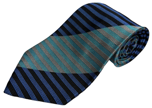 Allegro Brand Mens Italian 100% Silk Tie Horizontal Repp Stripes Blue Black Grey