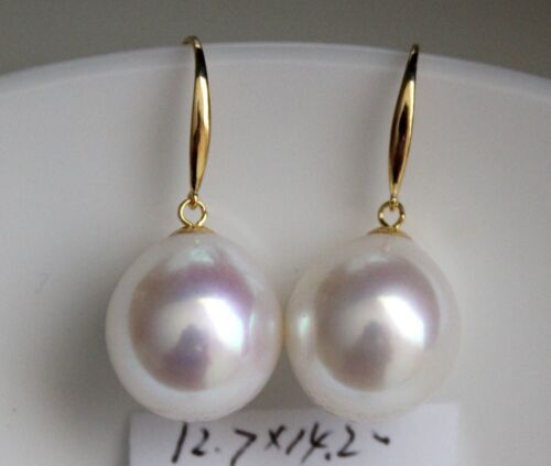 Tennyo lustre pinkish 100% , 99% clean 14.2mm Aus south sea pearl earring G18K - Photo 1/13