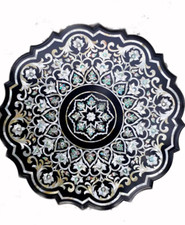 24 " Noir Marbre Café Table Top Demi Précieux Incrustation Pierre Travail Maison