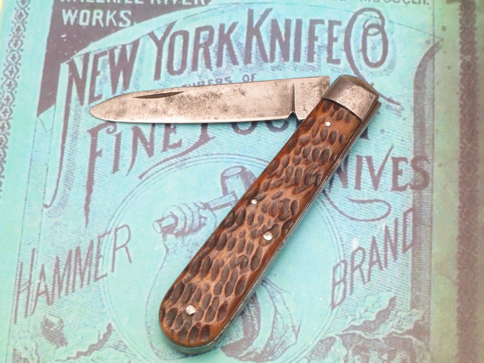 Antique NEW YORK KNIFE CO WALDEN Barehead Jack Single Blade Bovine Bone Handles