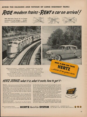 1953 Hertz Car Rental Autos Vintage Print Ad 50s Ride Trains Rent Automobile