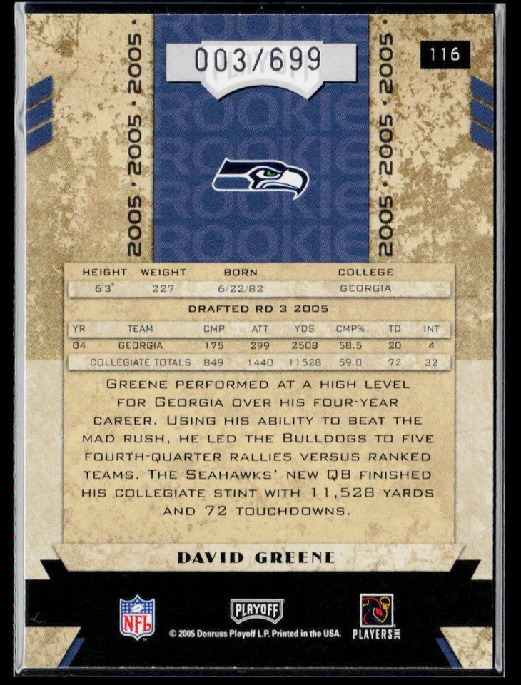 2005 Playoff Honors #116 David Greene #/699 - Image 2 of 2