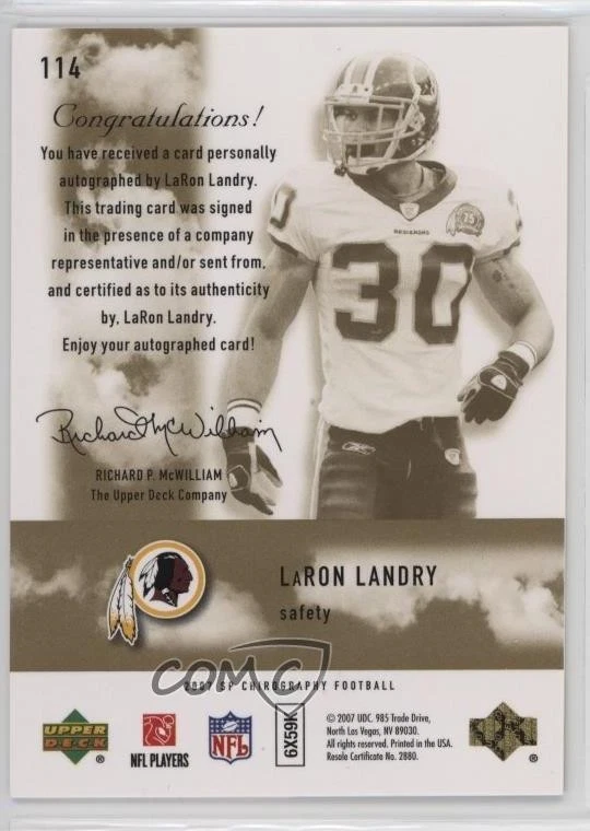2007 SP Chirography Rookie Chirography /399 LaRon Landry #114 Rookie Auto RC - Image 2 of 2