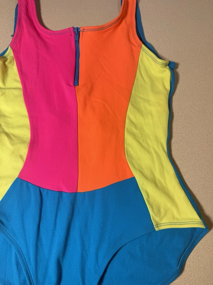 Vintage 80s Girls Sz 16 Nylon Swimsuit Sears Max Active Neon Colors Block Style - Image 4 of 4