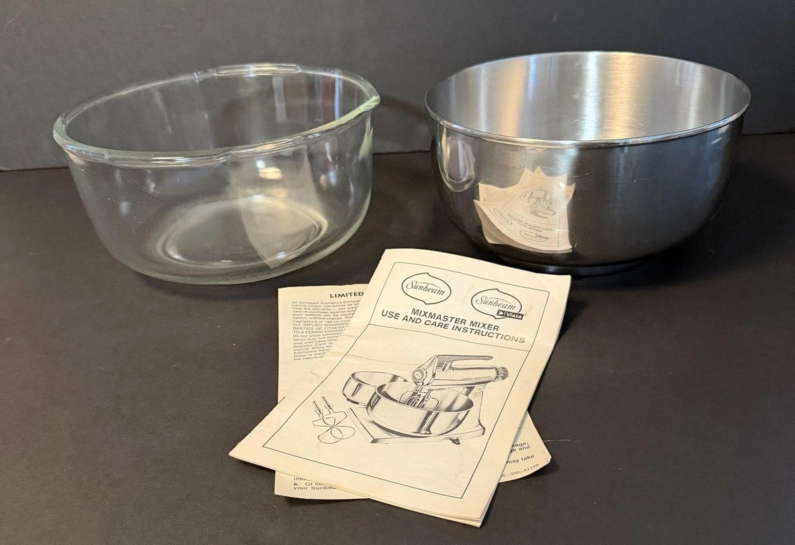Sunbeam Mixmaster Mixer Bowl Lot Instruction Manual Glass Stainless Steel 9" 9.5