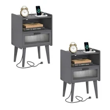 Nightstand with Charging Station, Bedside Tables Set of End Table Side 2 Grey