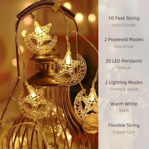 Ramadan Lights Star Moon String 10Ft 20 LED Fairy Warm White - Picture 2 of 8