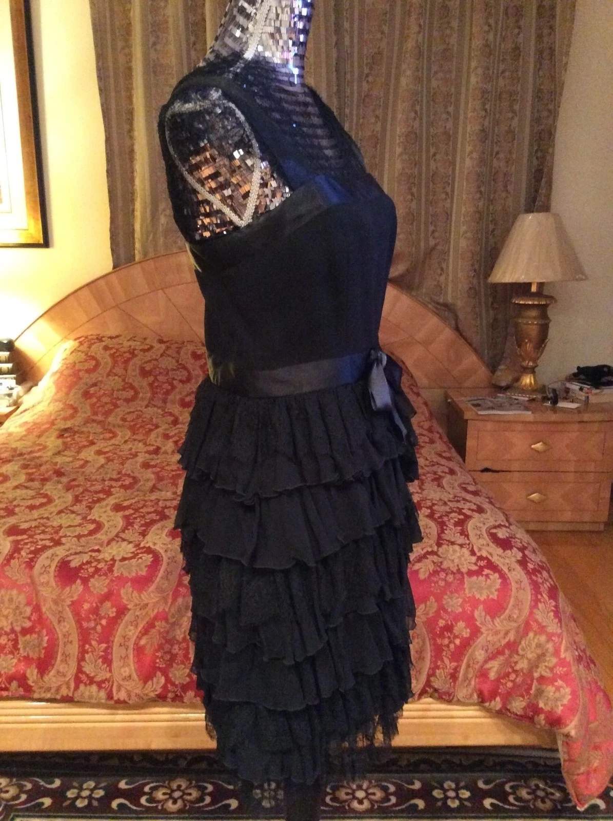 VALENTINO SPETTACOLARE abito da cocktail a livelli Oscar de la Renta nero tulle pizzo taglia 8