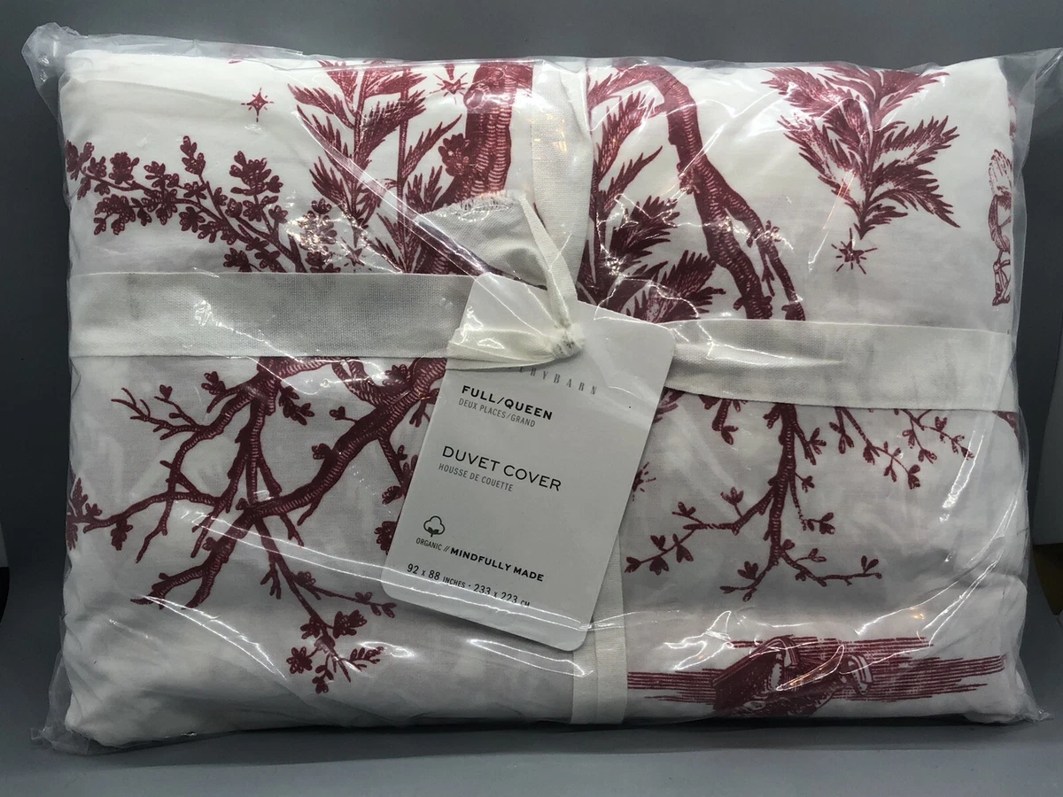 NWT Pottery Barn Red Santa Toile Organic Cotton Full Queen Duvet Cover Christmas