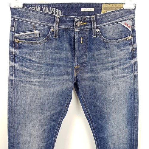Replay Jeans Waitom Uomo W29 L30 Blu Regular Straight Distressed Denim - Foto 2 di 7