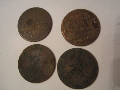 4 VINTAGE PALMOLIVE SOAP CAKE - BYE ONE GET ONE FREE METAL TOKEN - TUB SCC