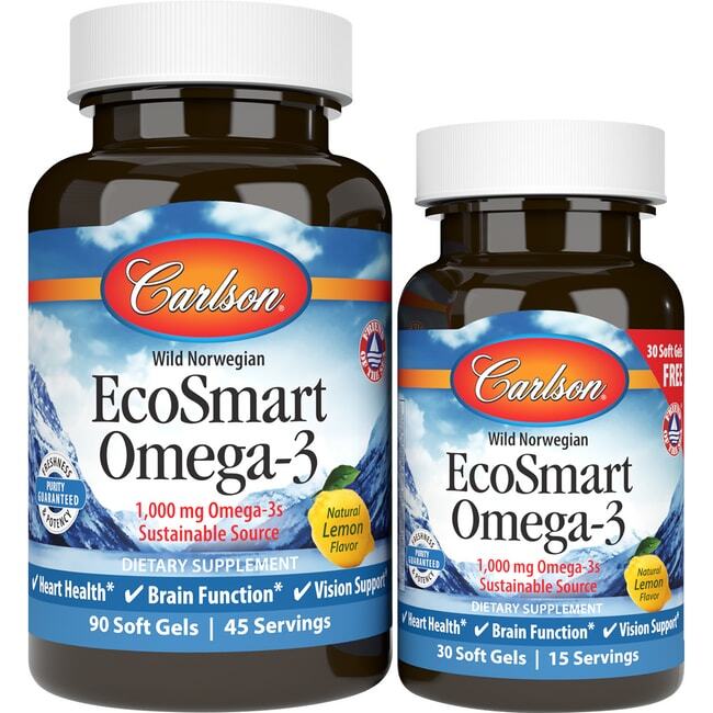 Carlson Wild норвежский Ecosmart Омега-3 - Лимон 1000 мг 90 + 30 гелей