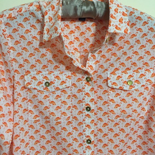 Jones New York Petites Size PS Blouse Orange Flamingos Tab Sleeves - Picture 2 of 5