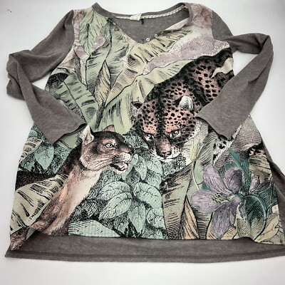 Akemi + Kin Anthropologie Fauna Leopard Jungle Print Henley Top Sz S