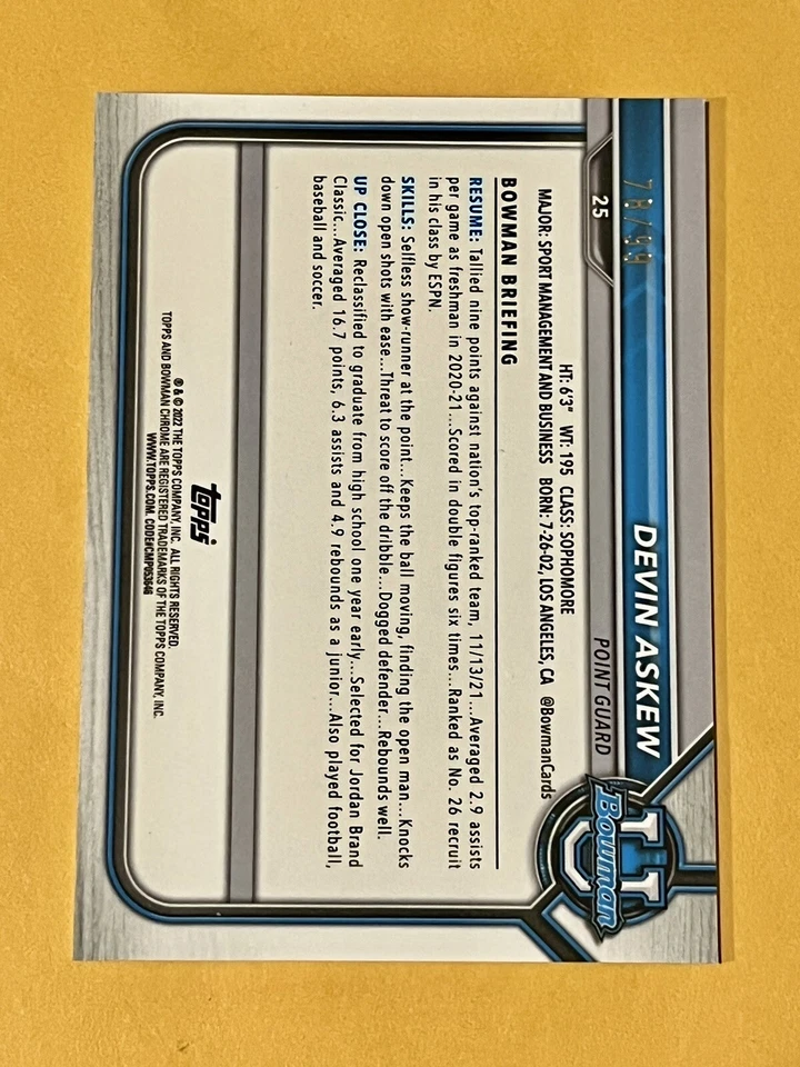 Refractor 2022 Bowman University Devin Askew Cal Texas Green #/99 #25 Mater Dei Foto 2 de 2