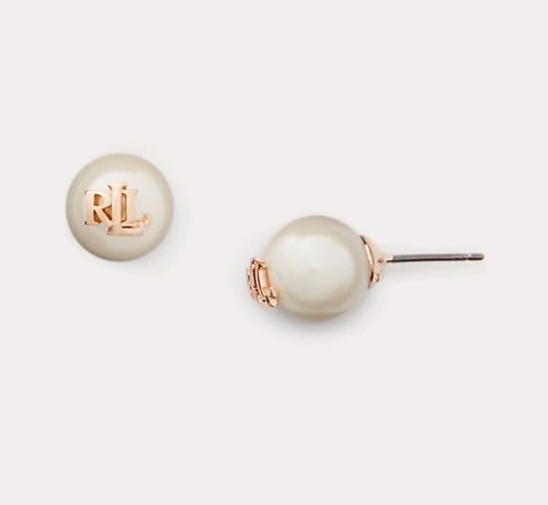 New Lauren Ralph Lauren Gold-Tone & Imitation Pearl Logo Stud Earrings Post Back