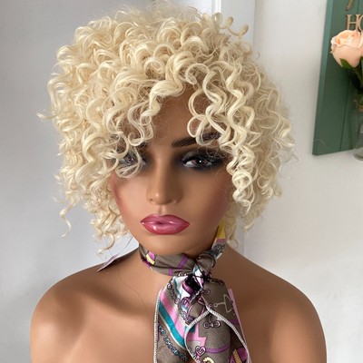 Short Afro Kinky Curly Blonde #613 Synthetic Hair Wigs Women Soft Natural