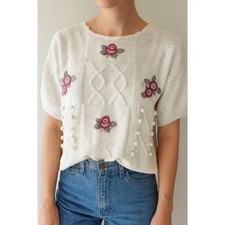 Shenanigans VTG White Embroidered Floral Rose Cable Knit Pom Sweater L M516 