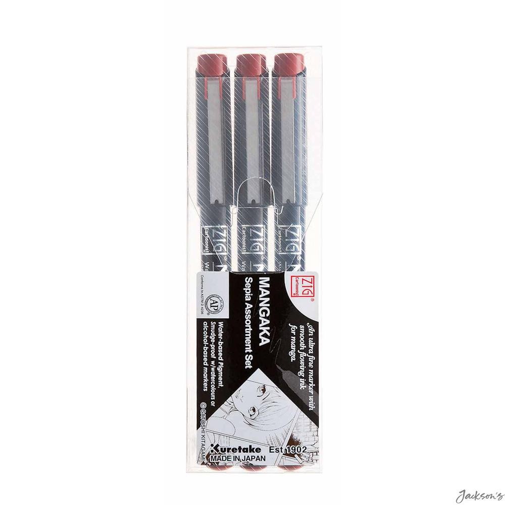 Kuretake Zig Mangaka Sepia Fineliner Pens Set Water-Based Pigment 3 Pack Drawing