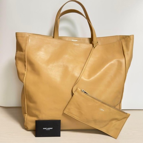 YSL Saint Laurent Tote Shoulder Bag w/ Mini Pouch Camel Leather Logo Women's