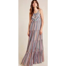 Love The Label Anthropologie Multicolor Striped Maxi Dress M Boho Beaded Tassel