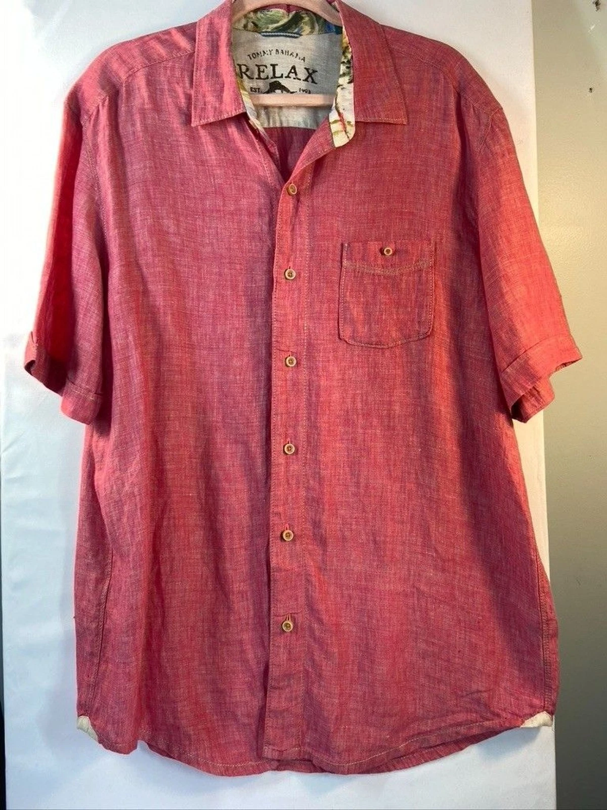 TOMMY BAHAMAS MENS LARGE 100% LINEN SHORT SLEEVE BUTTON UP RELAX SHIRT