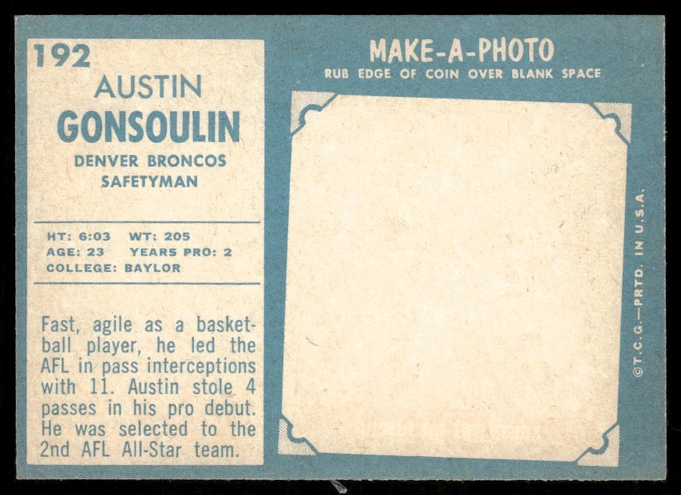 Goose Gonsoulin 1961 Topps #192 RC Denver Broncos EX - Image 2 of 2