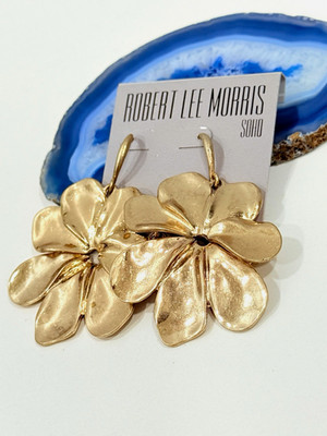 Robert Lee Morris Soho Gold Tone Signed Flower Hook Dangle/Drop Earrings
