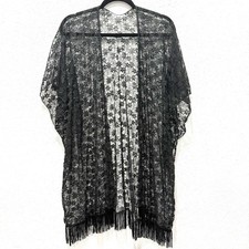 Elegant fringe sheer Black Lace Cardigan Kimono OS