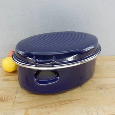 Chantal Germany Blue Enamelware Oval Roaster 5.5 Quart Stainless Rim